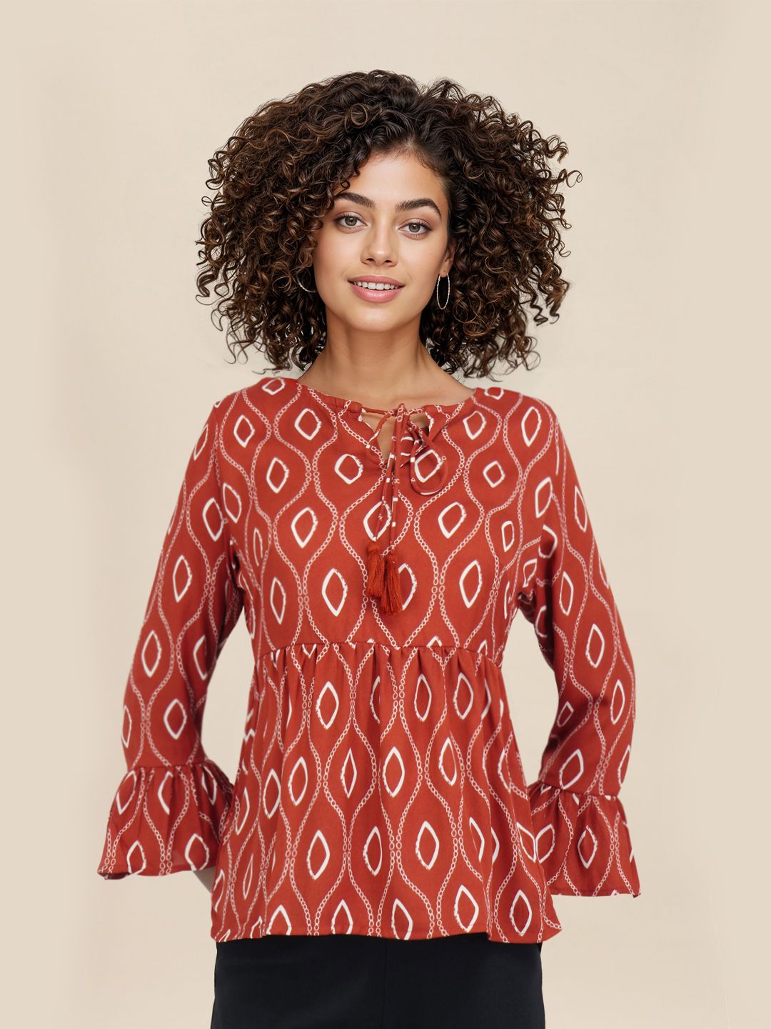 DressBerry Printed Tie-Up Neck Bell Sleeve Peplum Top
