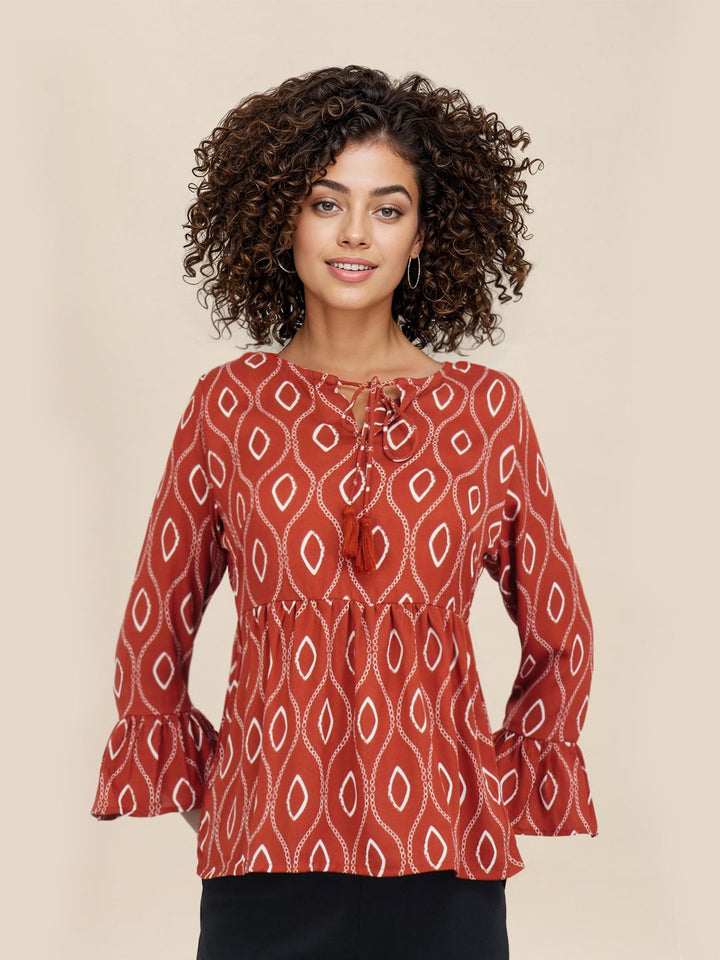 DressBerry Printed Tie-Up Neck Bell Sleeve Peplum Top