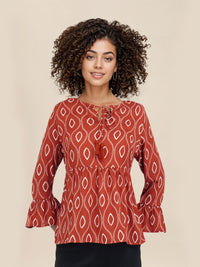 DressBerry Printed Tie-Up Neck Bell Sleeve Peplum Top