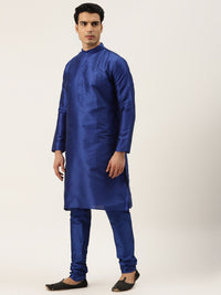 SOJANYA Men Navy Blue Solid Kurta Set With Printed Jacket