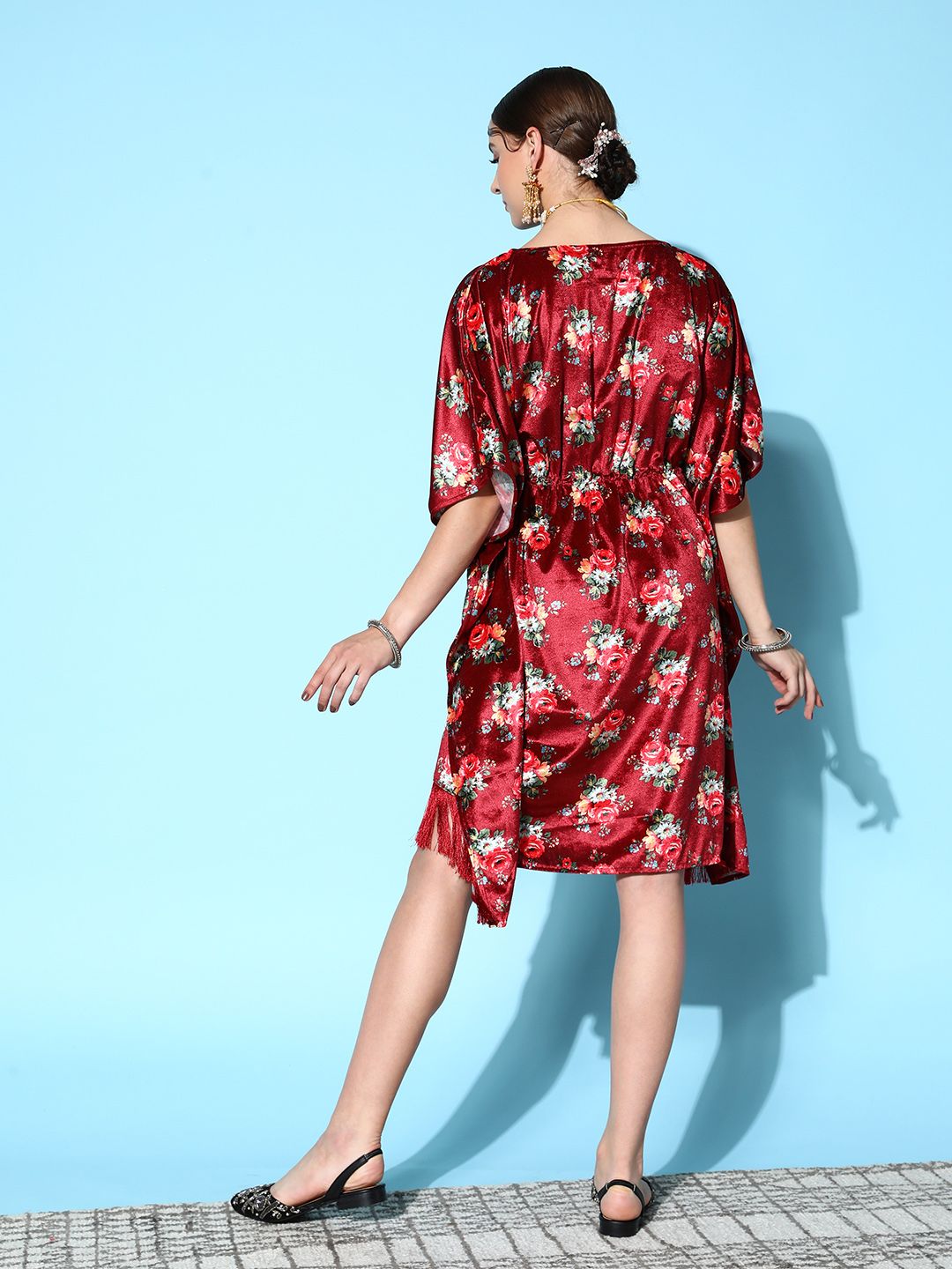 Shae by SASSAFRAS Maroon & Olive Green Floral Print Velvet Ethnic Kaftan Dress