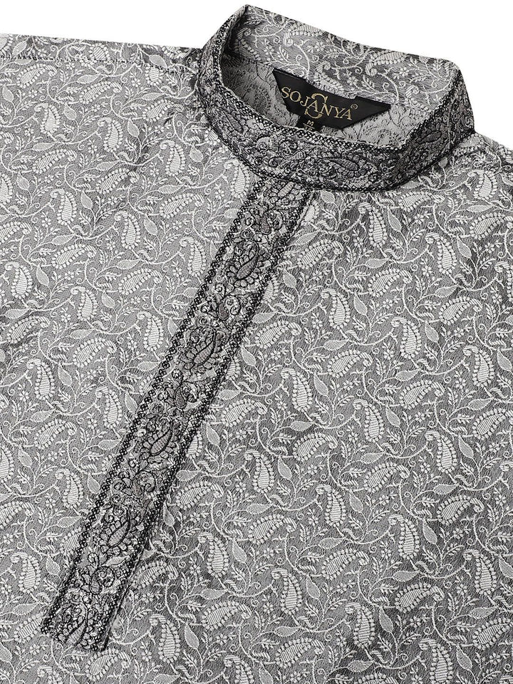 SOJANYA Paisley Woven Design Mandarin Collar Thread Work Long Sleeves Straight Kurta