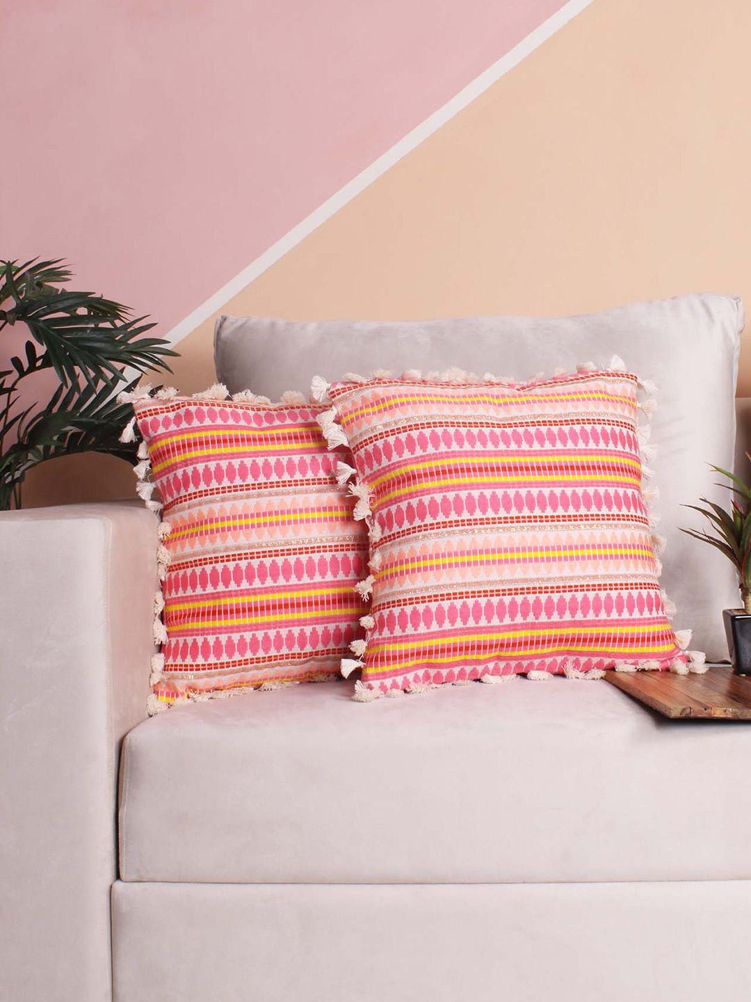 STITCHNEST Fuchsia & White 2 Pieces Ethnic Motifs Woollen Square Cushion Covers