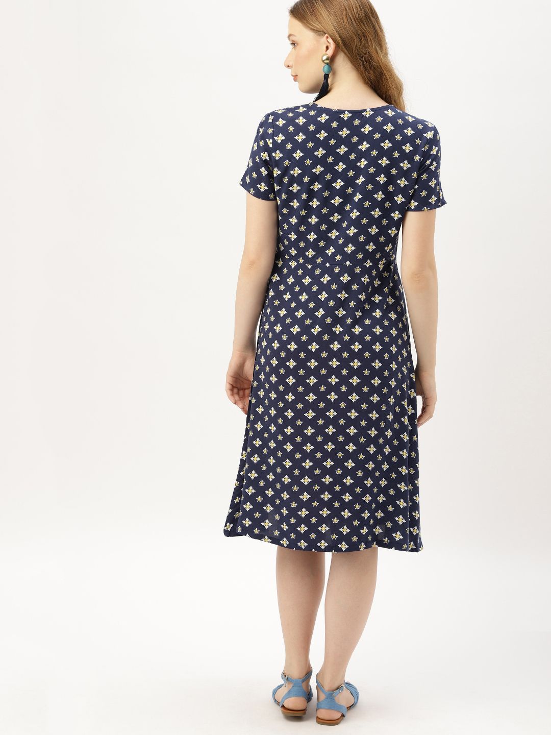 DressBerry Women Printed Navy Blue & White A-Line Dress