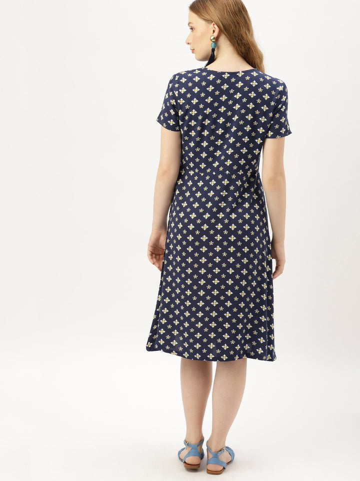 DressBerry Women Printed Navy Blue & White A-Line Dress