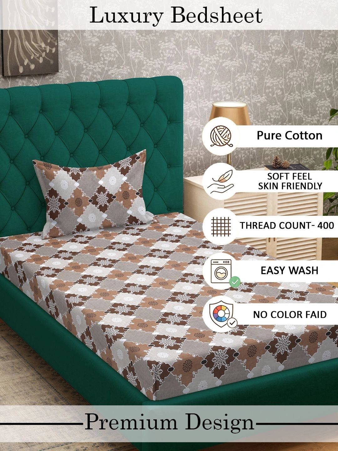 Myntra Elegant Homes Brown & White Geometric 400 TC Single Bedsheet with 1 Pillow Covers