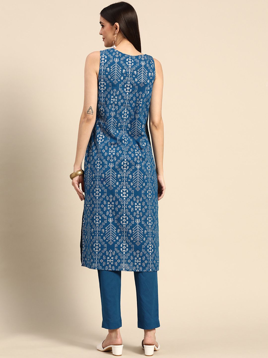 Anouk Women Navy Blue Ethnic Motifs Printed Kurta with Trousers
