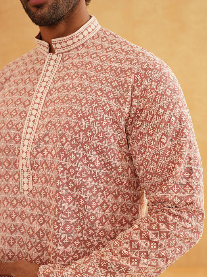 SOJANYA Floral Embroidered Mandarin Collar Long Sleeves Thread Work Pure Cotton Kurta Set