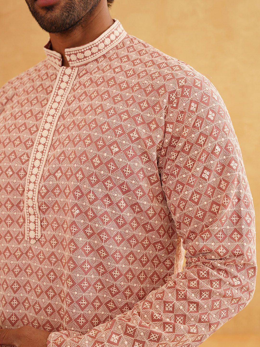 SOJANYA Floral Embroidered Mandarin Collar Long Sleeves Thread Work Pure Cotton Kurta Set