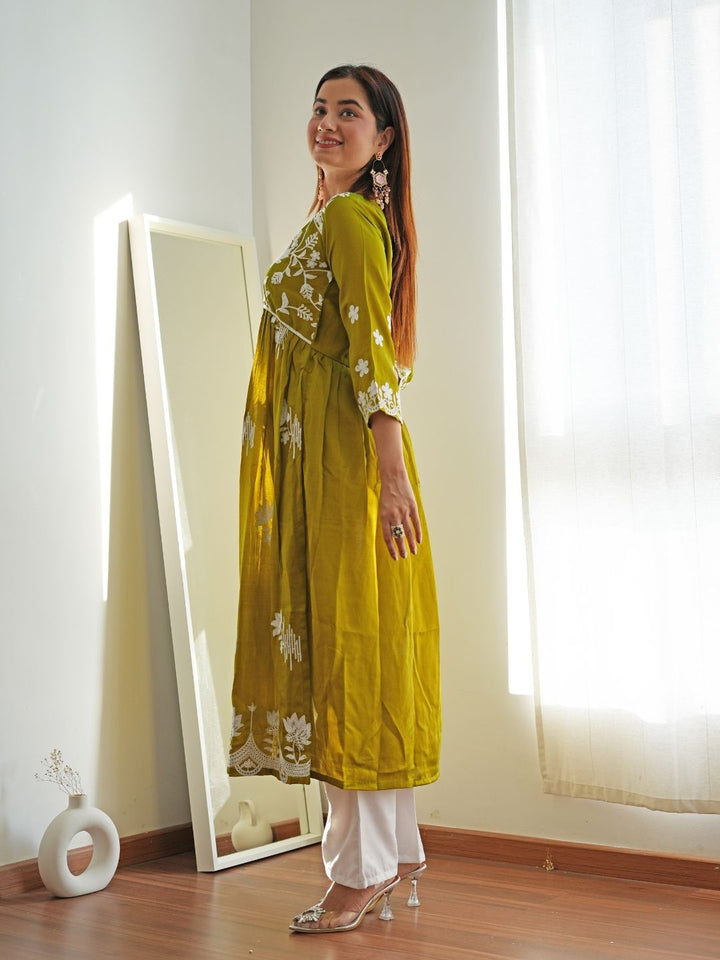 KALINI Women Floral Printed Flared Sleeves Thread Work Summer Sheers Kurta