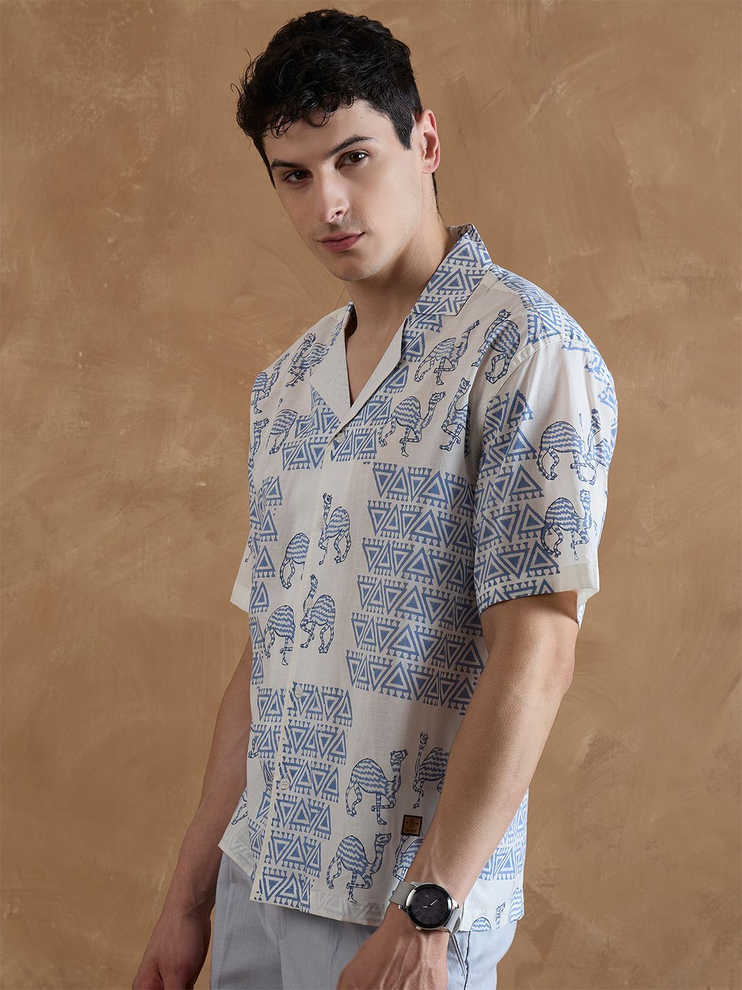DENNISON Men Off White and Blue Hand Block Printed Shirt