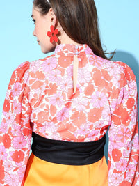 SASSAFRAS Pink & White Floral Print Keyhole Neck Georgette Crop Top