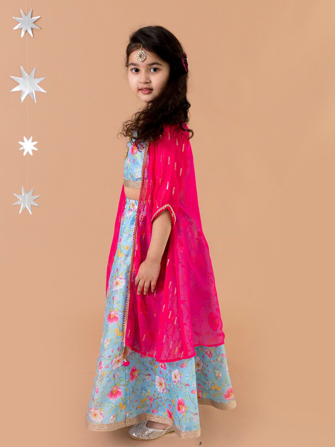 pspeaches Girls Blue & Red Printed Ready to Wear Lehenga Choli