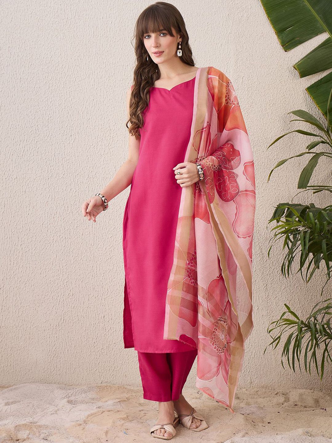 Indo Era Floral Printed Sweetheart Neck Cotton Straight Kurta With Trousers & Dupatta