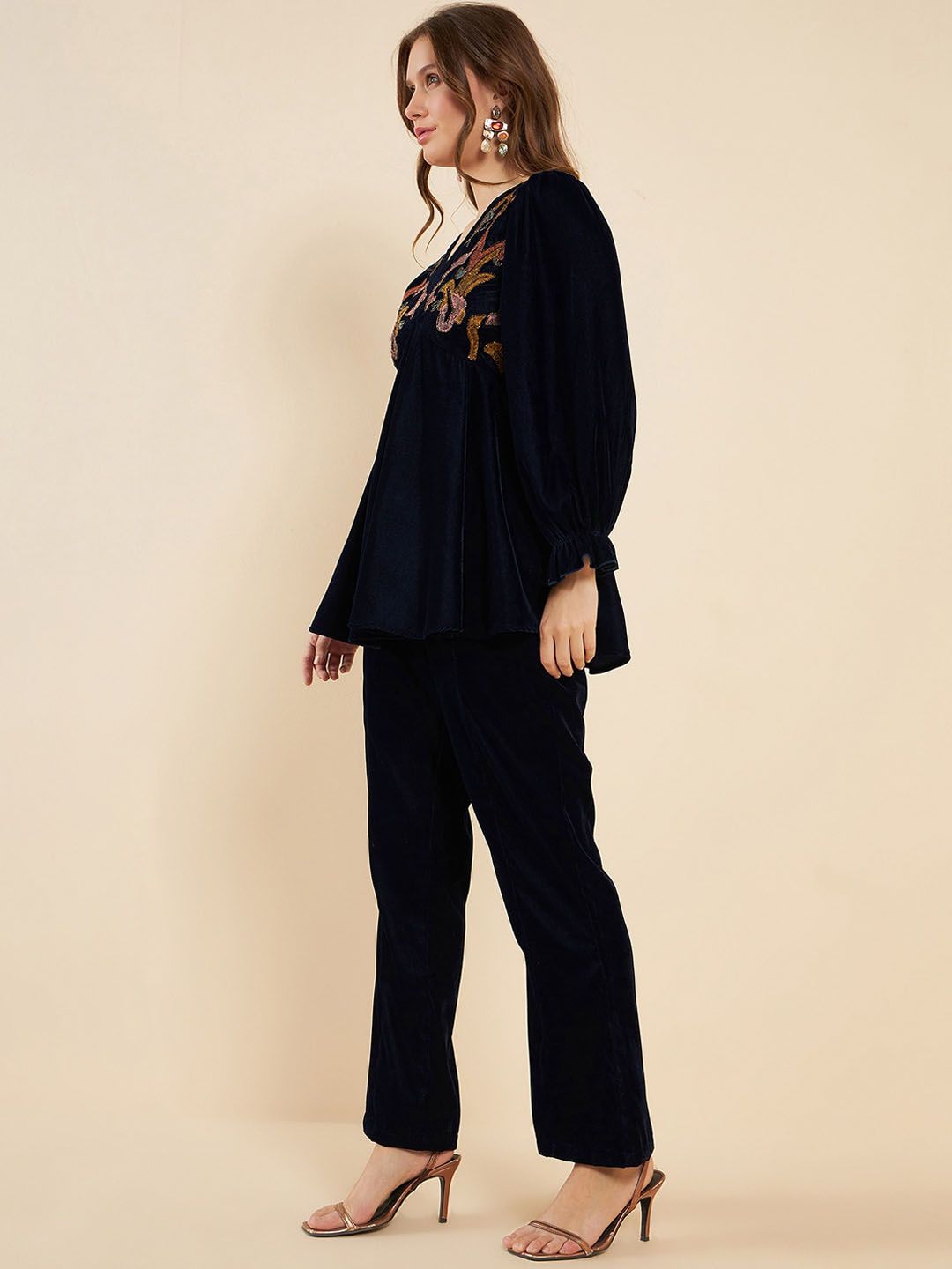 Antheaa Navy Blue Embroidered V-Neck Tunic With Trouser