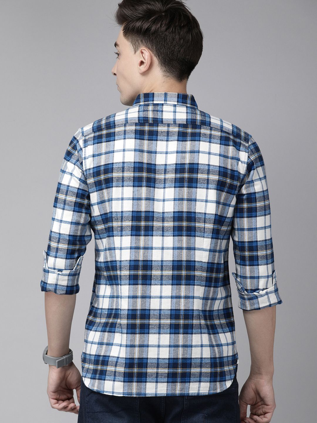THE BEAR HOUSE Men Blue & White Slim Fit Tartan Checks Checked Pure Cotton Casual Shirt
