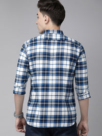 THE BEAR HOUSE Men Blue & White Slim Fit Tartan Checks Checked Pure Cotton Casual Shirt