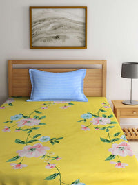KLOTTHE Yellow Floral Cotton 300 TC Single Fine Bedsheet with a Pillow Cover-89 x 59 inches