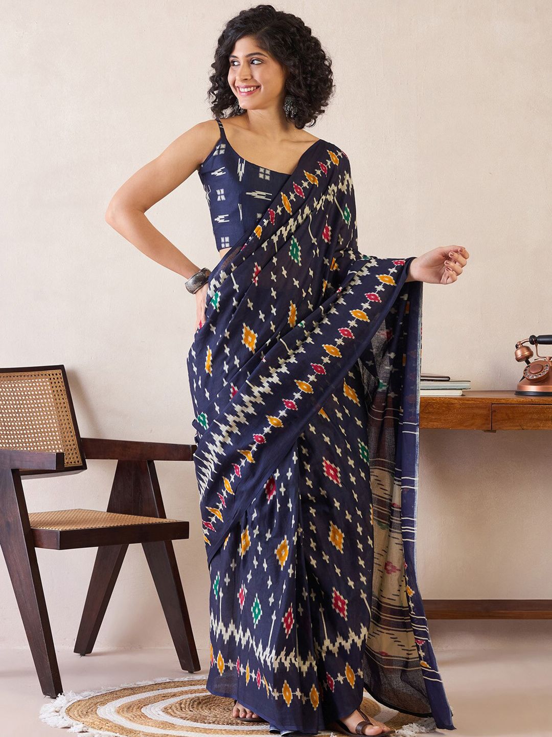 Saree mall Ethnic Motifs Poly Cotton Ready to Wear Ikat Sarees