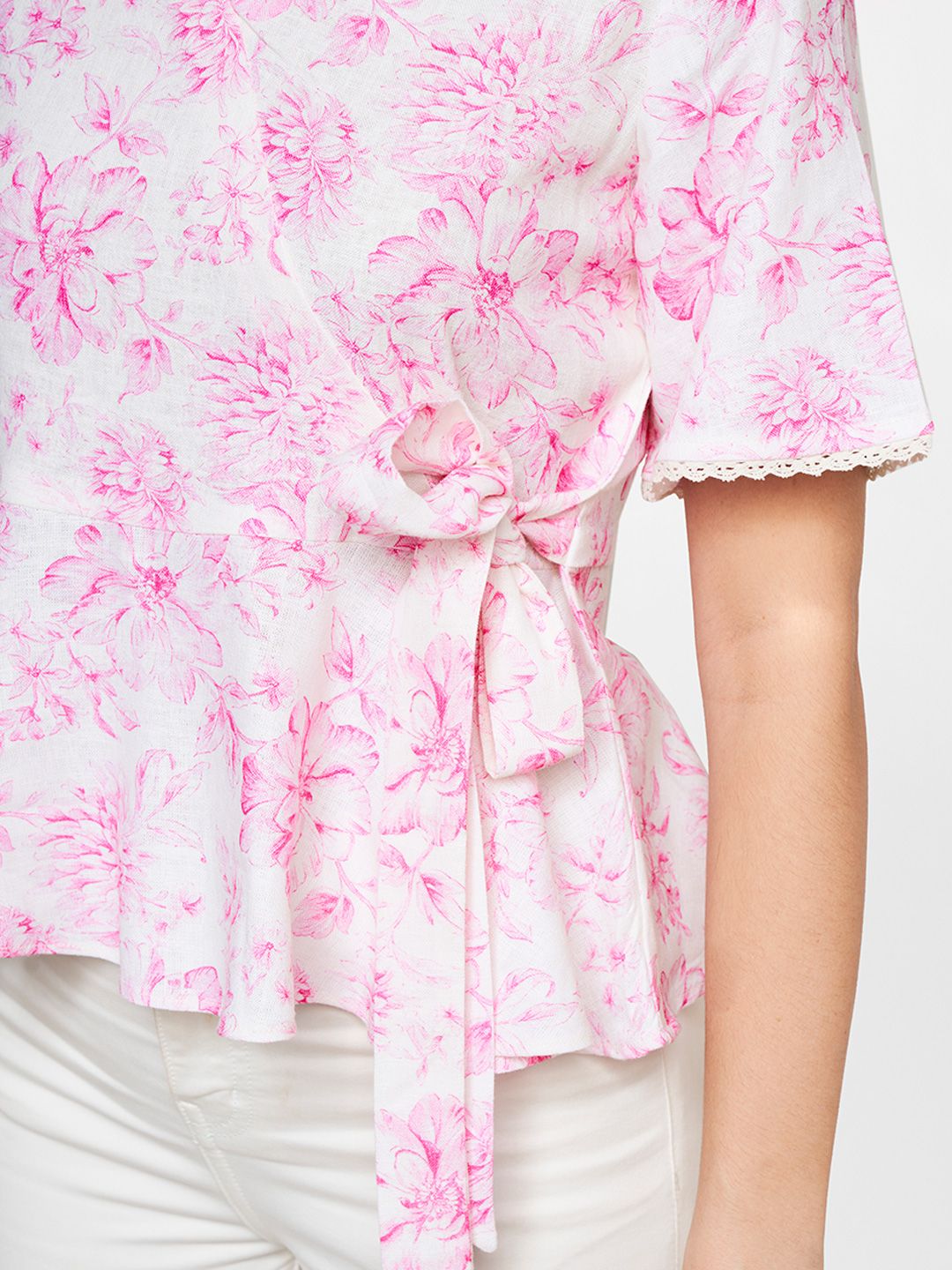 AND Floral Printed Linen Wrap Top