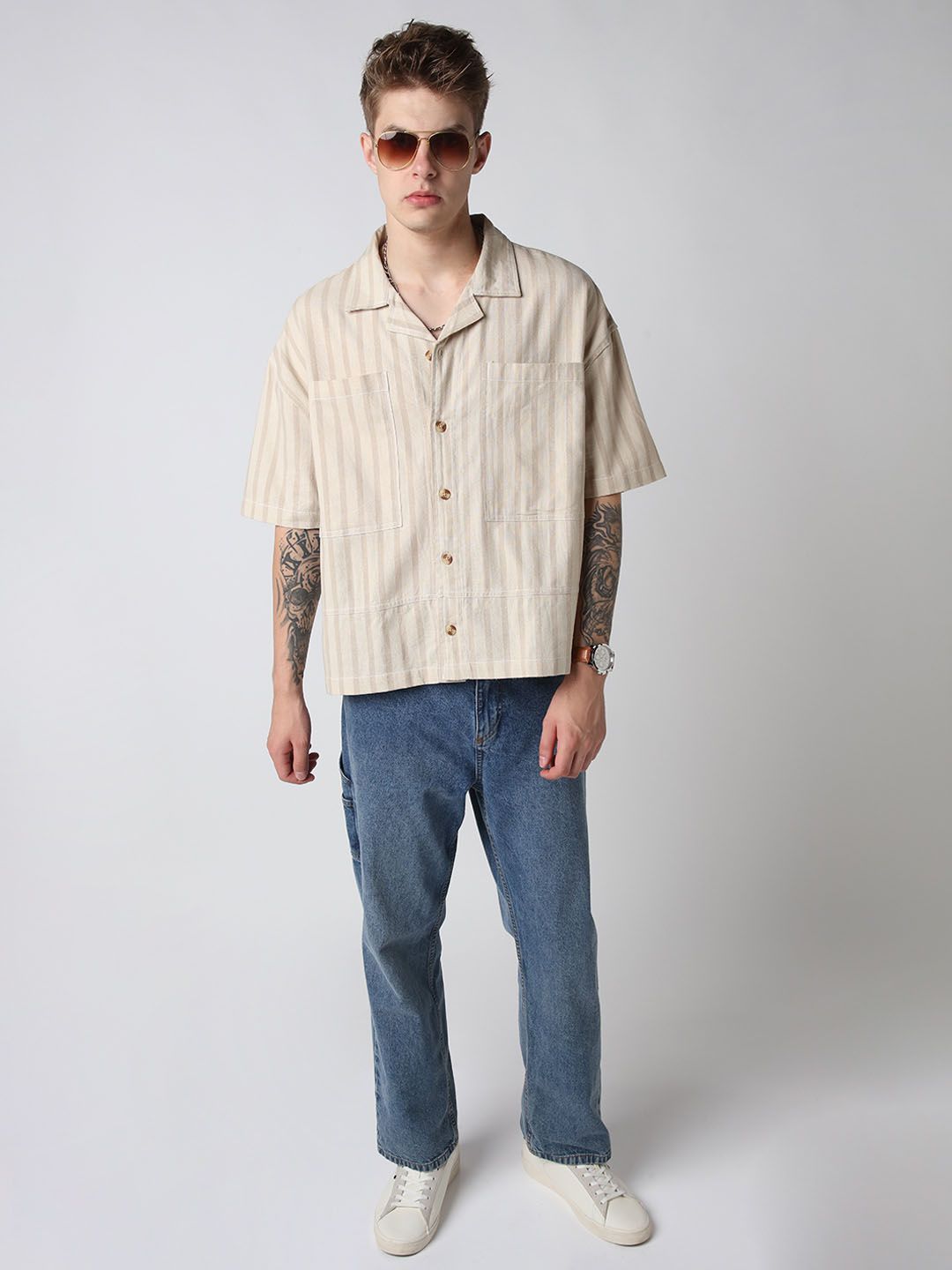VASTRADO Men Striped Double Pocket Cotton Oversized Cropped Shirt