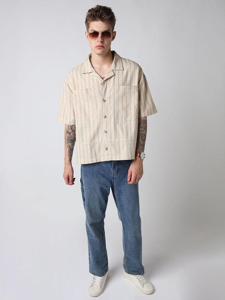 VASTRADO Men Striped Double Pocket Cotton Oversized Cropped Shirt