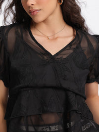 DressBerry Floral V-Neck Semi Sheer Crop Top