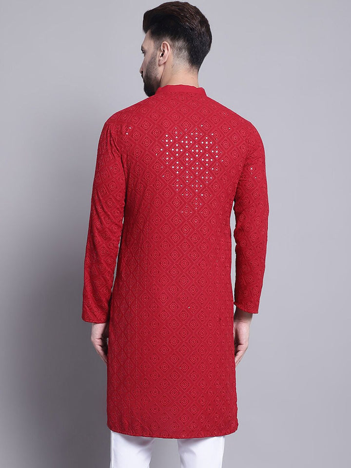 SOJANYA Geometric Embroidered Sequence Mandarin Collar Pure Cotton Kurta