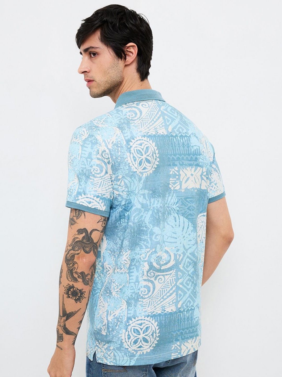 SPYKAR Men Abstract Printed Polo Collar Cotton Slim Fit T-shirt