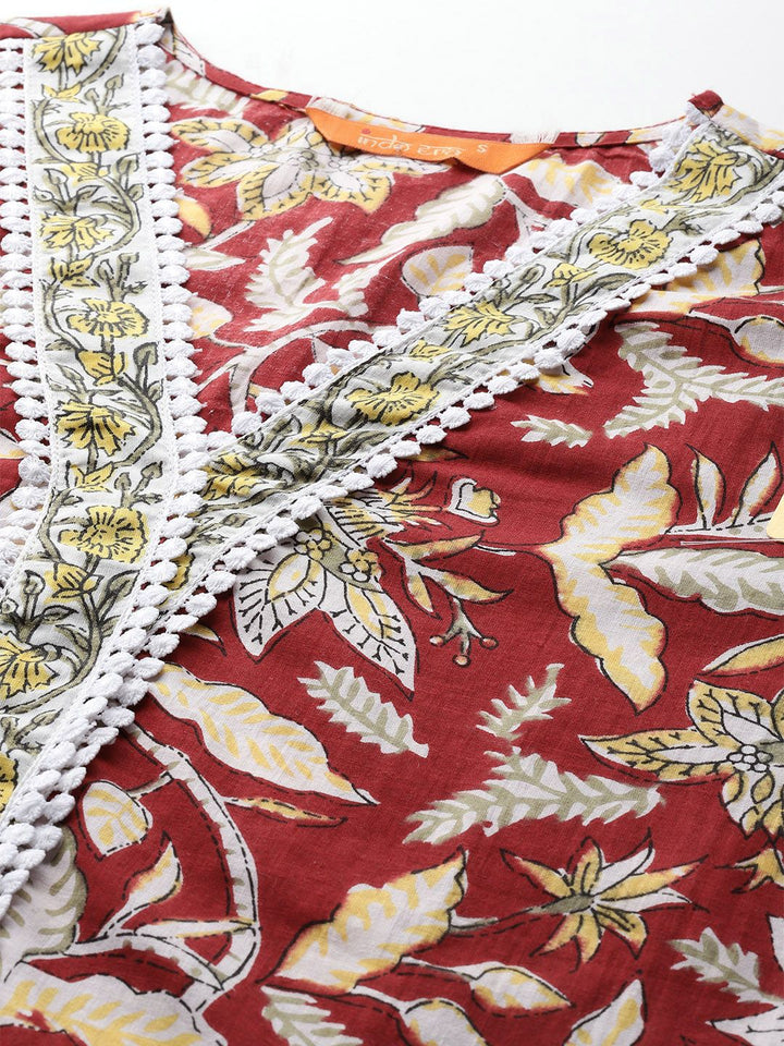 Indo Era Floral Printed Pure Cotton Kurta With Trousers & Dupatta