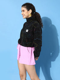 STREET 9 Women Black Abstract Quirky Outerwear Sweatshirt