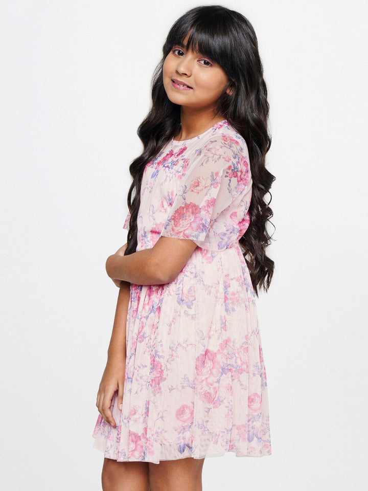 AND Girls Floral Printed Flared Sleeves Fit & Flare Dress