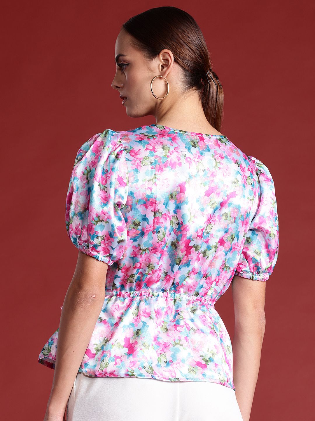 all about you Floral Print Puff Sleeve Cinched Waist Top