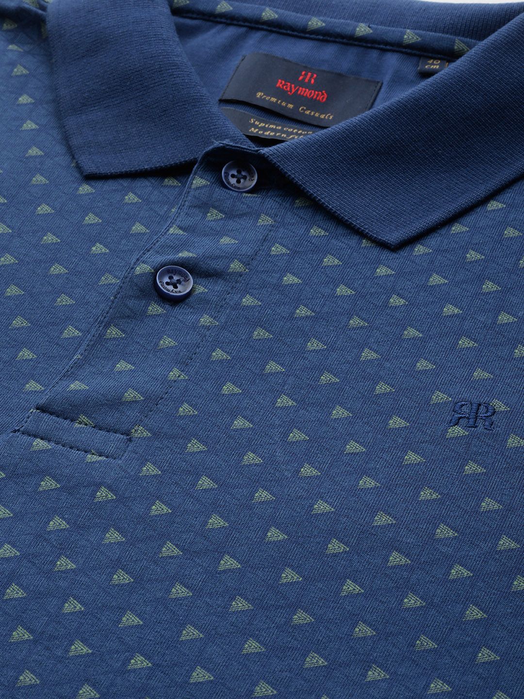 Raymond Men Blue & Green Pure Cotton Printed Polo Collar T-shirt