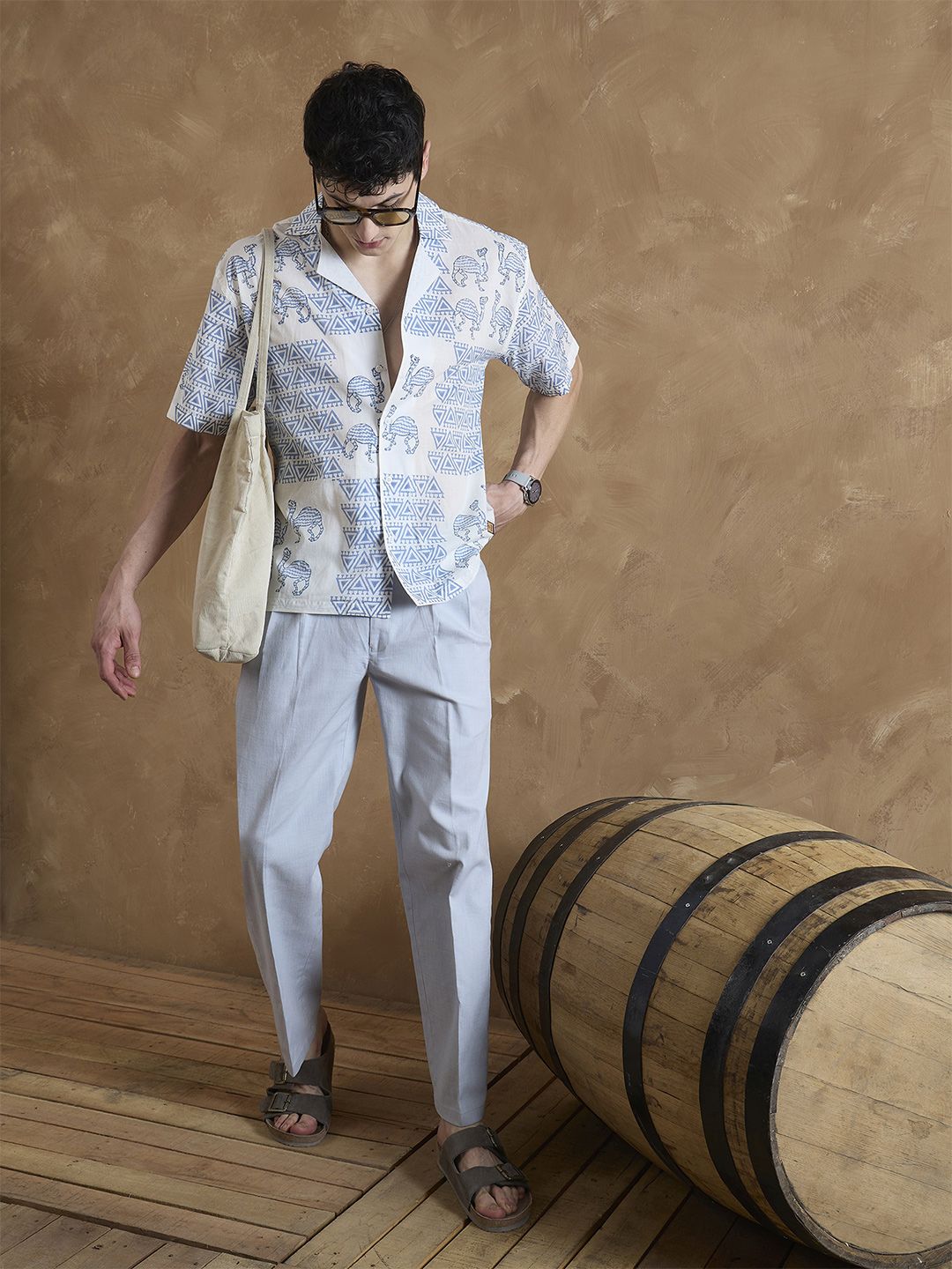 DENNISON Men Off White and Blue Hand Block Printed Shirt