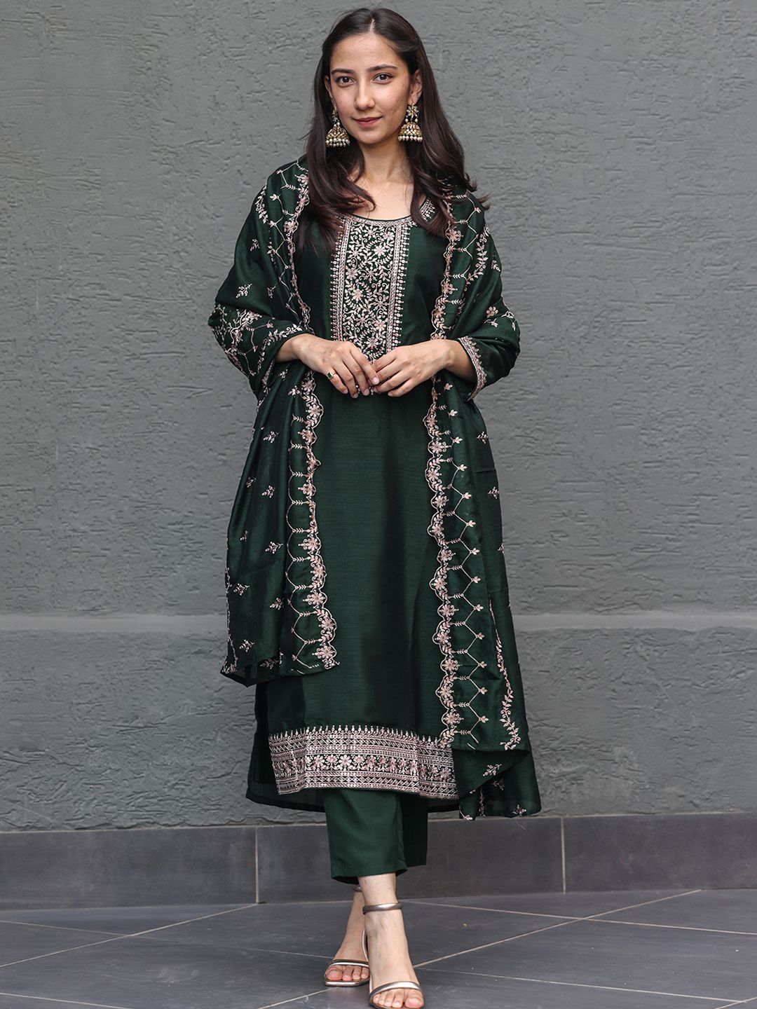Libas Floral Yoke Design Sequinned Kurta With Trousers & Dupatta