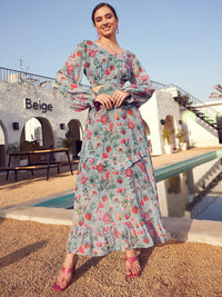 STREET 9 Green & Pink Floral Printed Bell Sleeve Maxi Dress