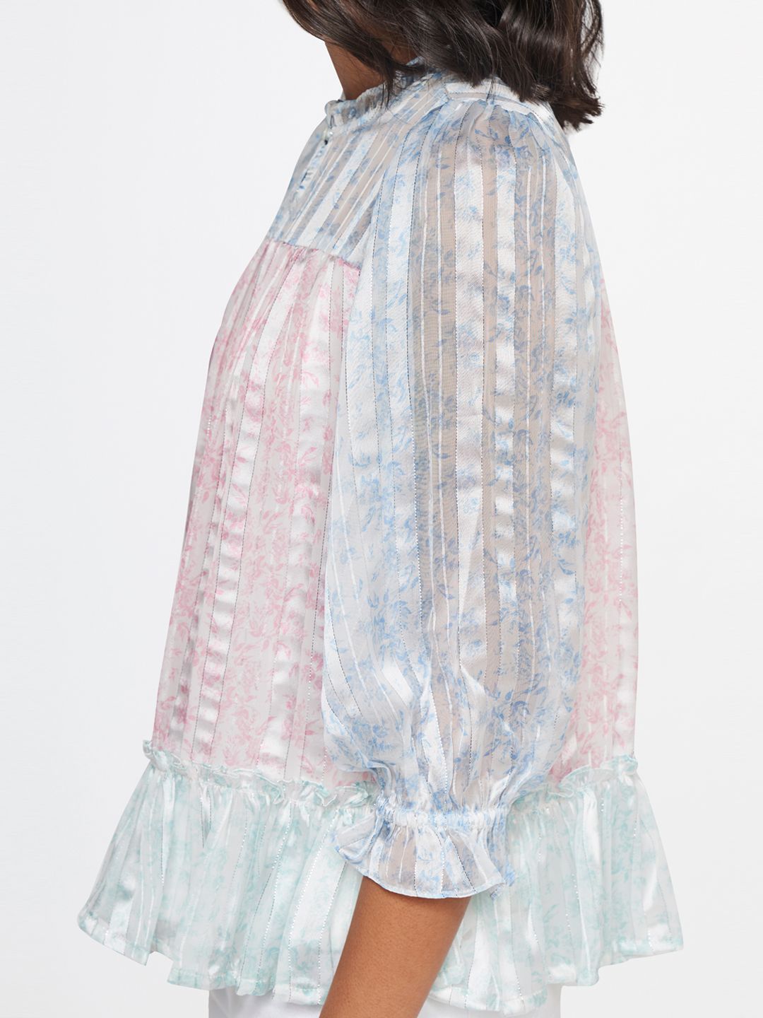 AND Floral Print Mandarin Collar Puff Sleeve Top