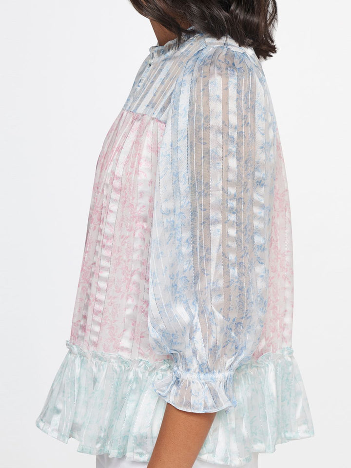 AND Floral Print Mandarin Collar Puff Sleeve Top