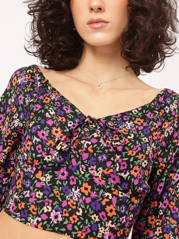 DressBerry Multi Florals Smocked Empire Padded Crop Top