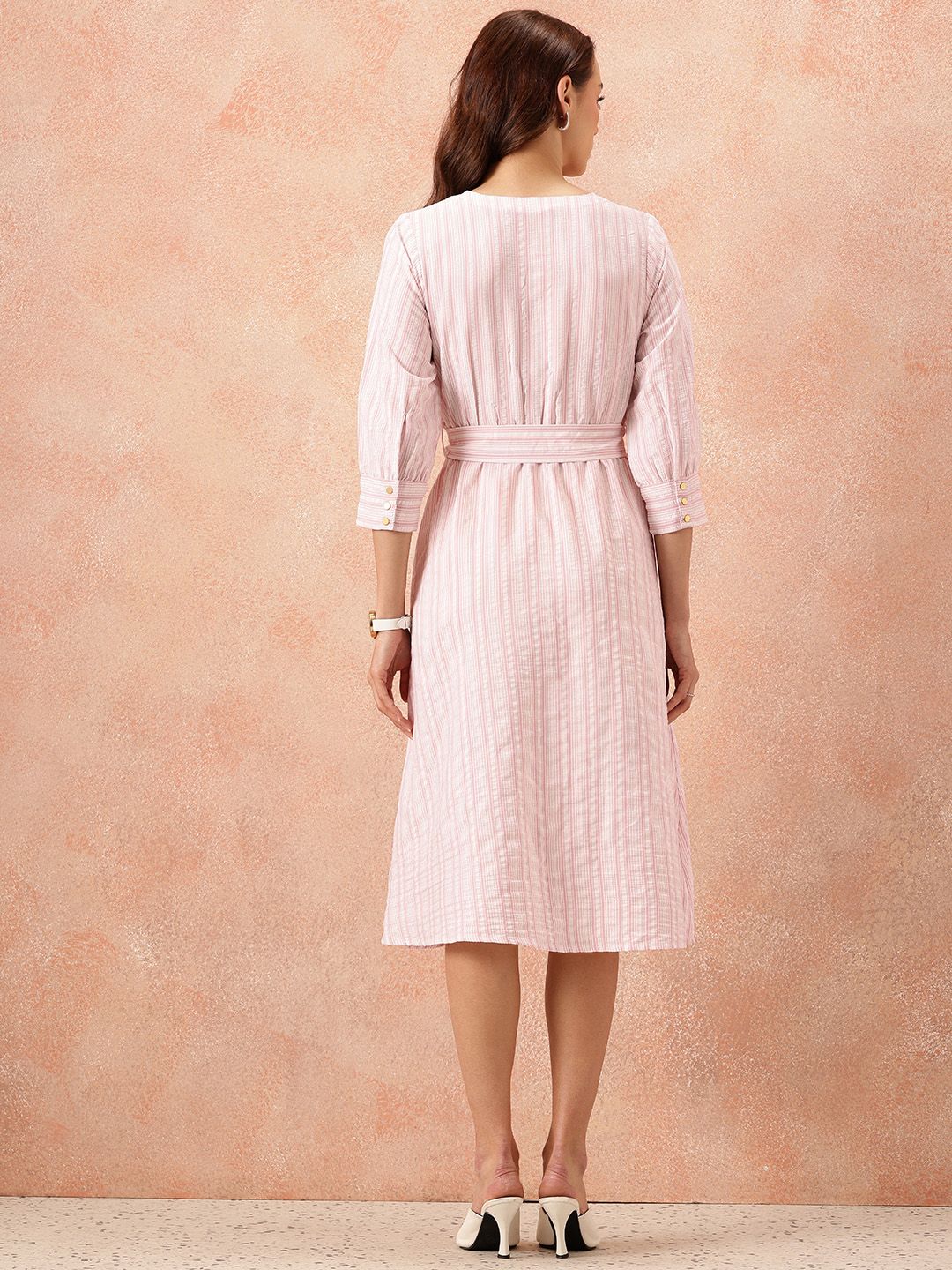 all about you Vertically Striped Seersucker Wrap-Style Midi A-Line Dress with Belt