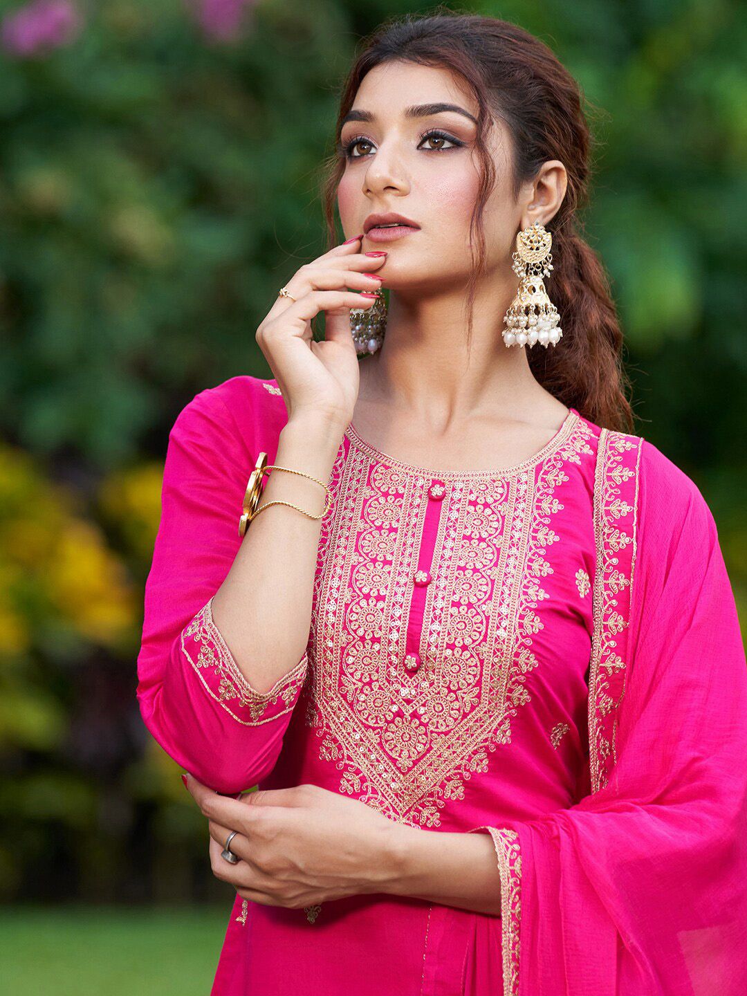 Indo Era Floral Embroidered Thread Work Kurta with Trousers & Dupatta