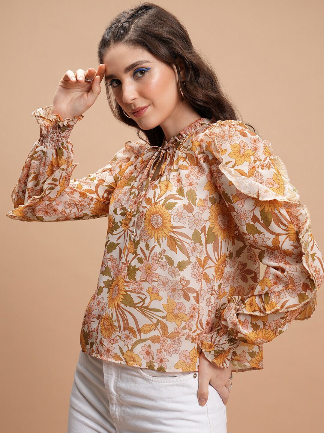 Tokyo Talkies Yellow Floral Print Tie-Up Neck Ruffled Cuffed Sleeves Blouson Top