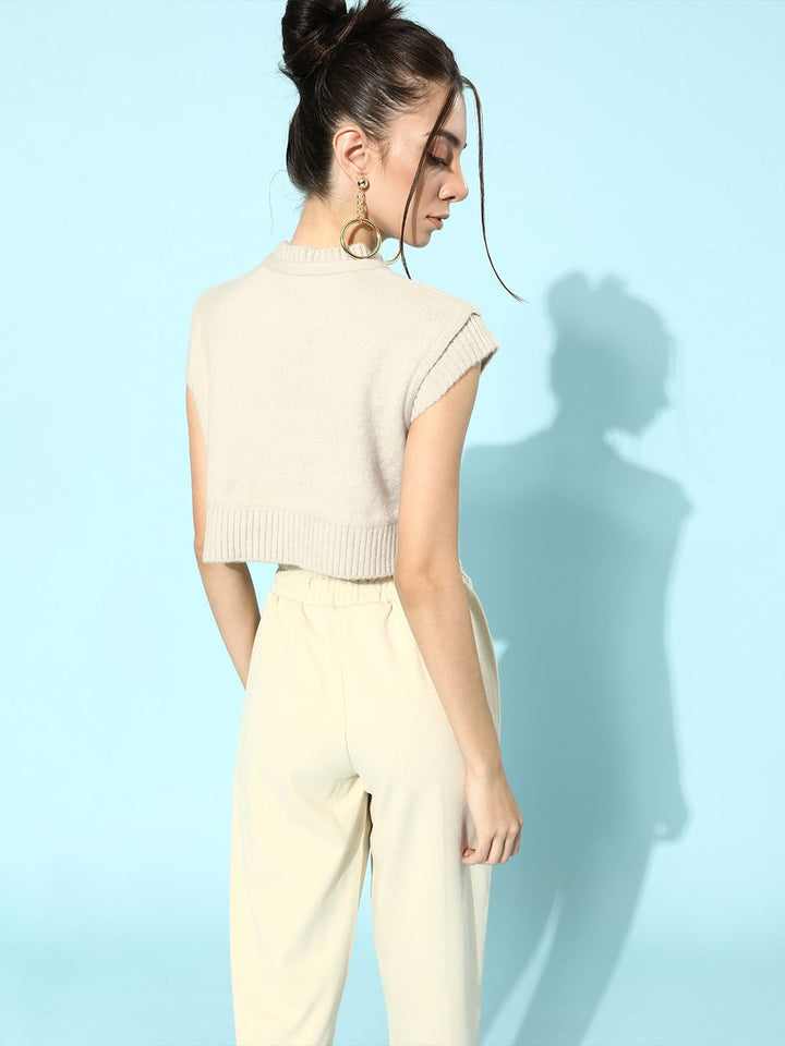 STREET 9 Women Classic Cream Ribbed Cropped Sweater