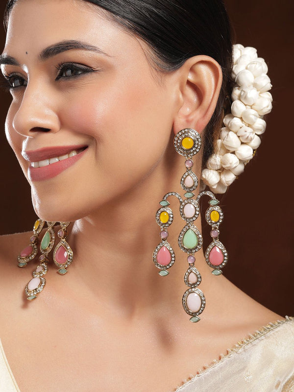 Rubans 22k Mehandi Mehandi Gold-Plated Classic Gemstone & Zirconia Studded Chandelier Earrings