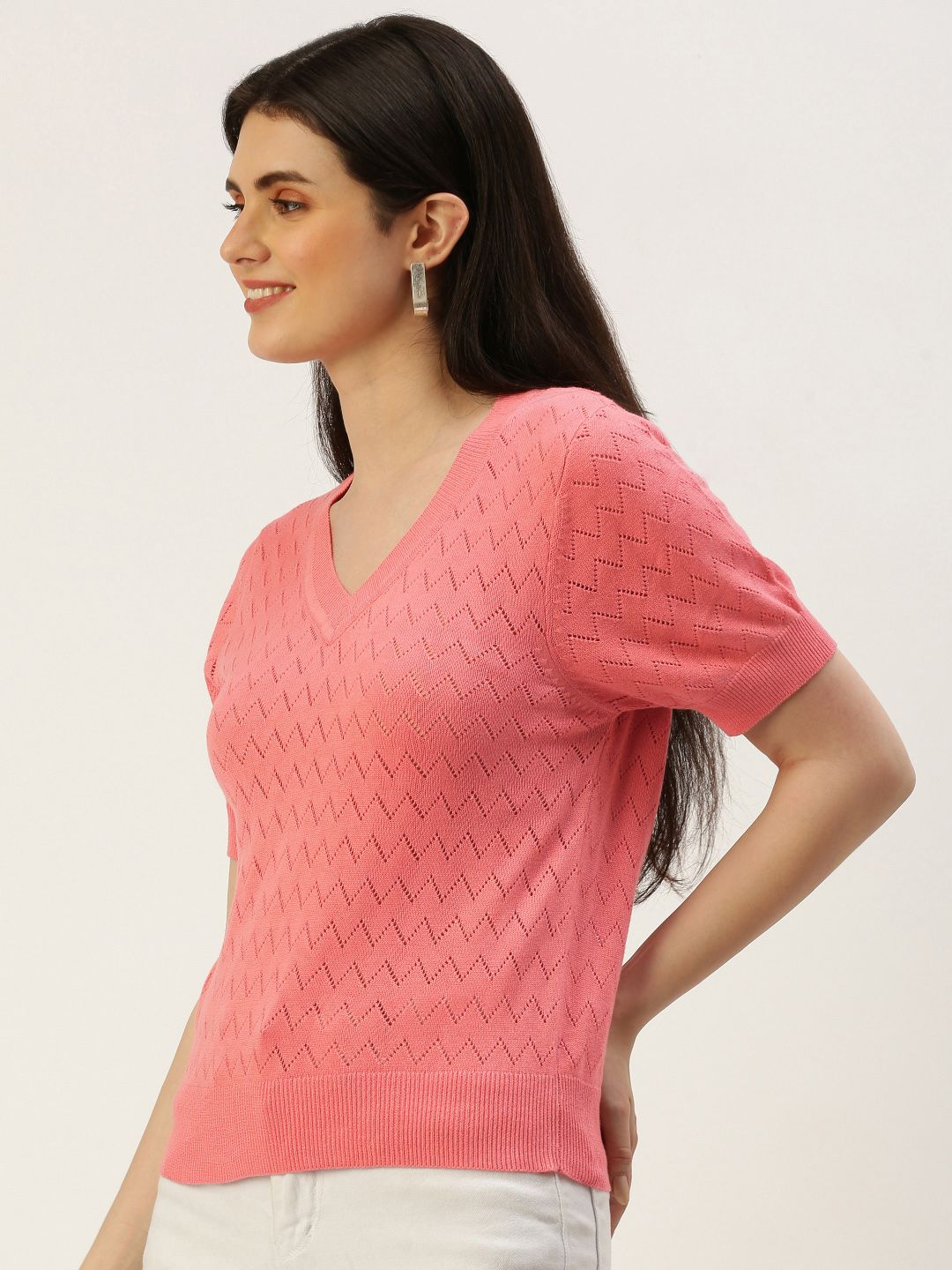 AND V-Neck Knitted Self Design Short Sleeves Top