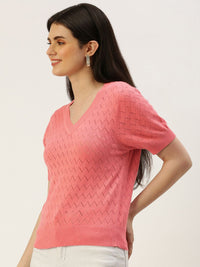 AND V-Neck Knitted Self Design Short Sleeves Top
