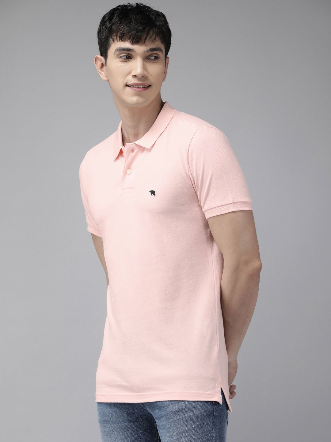 THE BEAR HOUSE Men Pink Polo Collar Cotton Slim Fit T-shirt