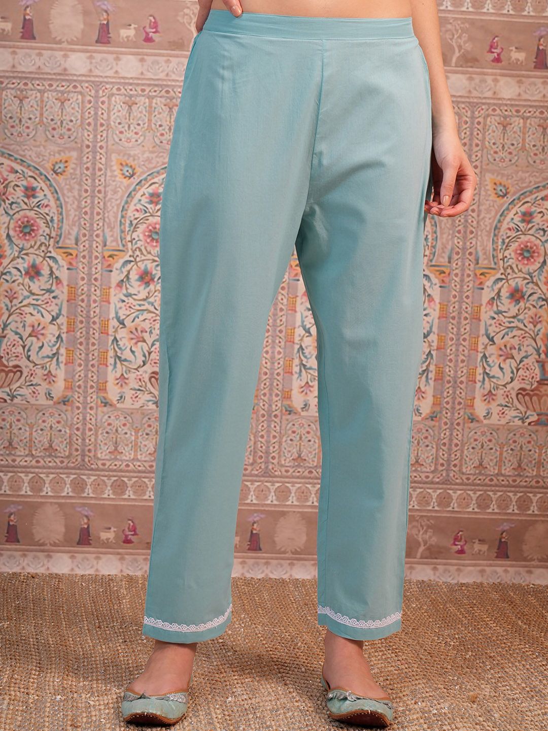 Vishudh Blue Ethnic Motifs Embroidered Thread Work Pure Cotton Kurta &Trouser & Dupatta