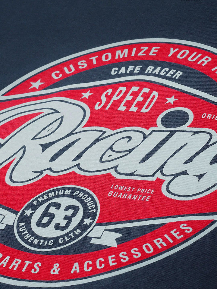 DILLINGER Men Navy Blue & Red Typography Printed Drop-Shoulder Sleeves Pure Cotton Oversized T-shirt